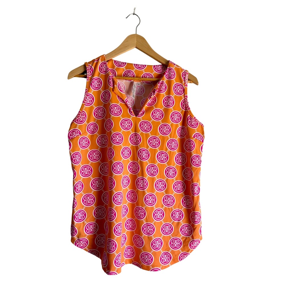 Lulu-B Orange Pink Geometric Medallion Split Neck Sleeveless Tank Top Womens M